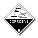 Dangerous Goods Class 8 Corrosives - diamond white background black lower half Liquid, spilling from two glass test tubes onto a hand a metal.
Figure "8" in bottom corner. 