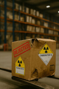 Damaged radioactive package stamped “REJECTED” sitting on forklift forks in a warehouse aisle.