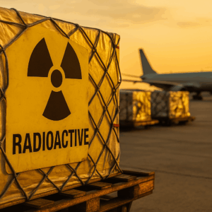 Radioactive cargo container on airport ramp at sunset.
