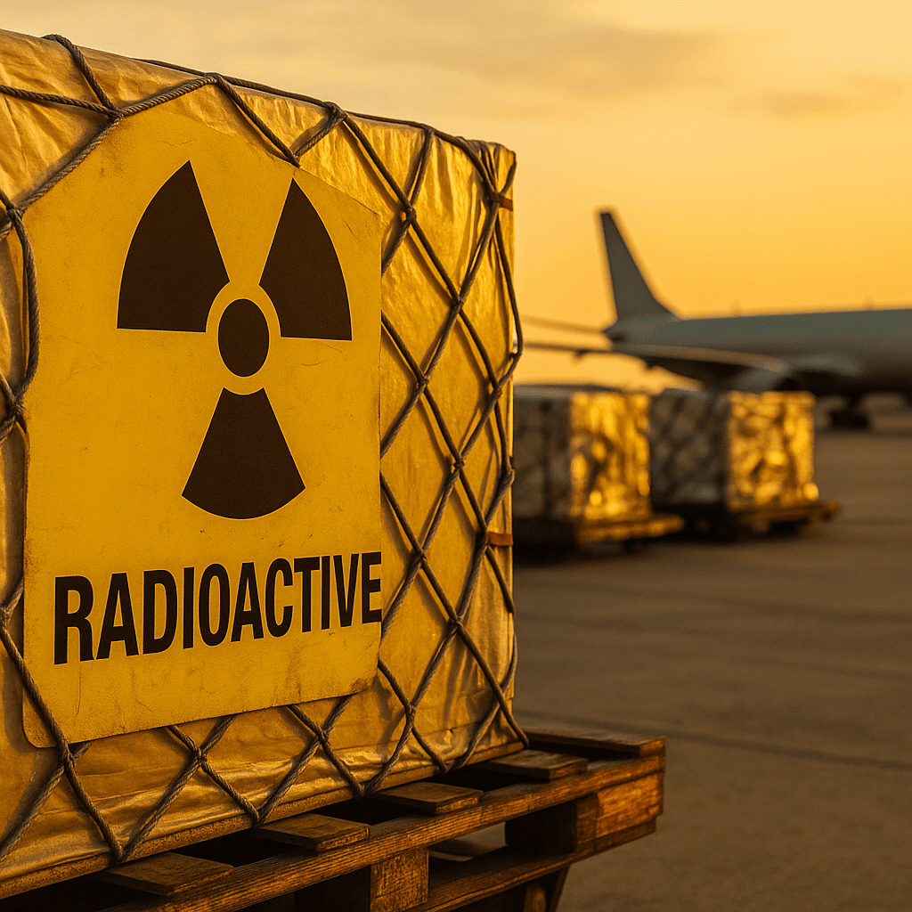 Radioactive cargo container on airport ramp at sunset.