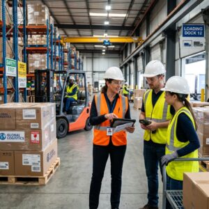 Safety supervisor reviewing workplace hazards and procedures with staff in an active warehouse environment with PPE and labelled packages visible.