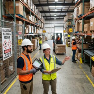 Warehouse safety supervisor reviewing hazards and handling procedures with staff in an active logistics environment with PPE and labelled packages visible.