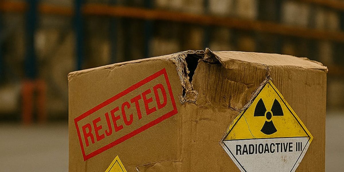 Damaged radioactive package stamped “REJECTED” sitting on forklift forks in a warehouse aisle.