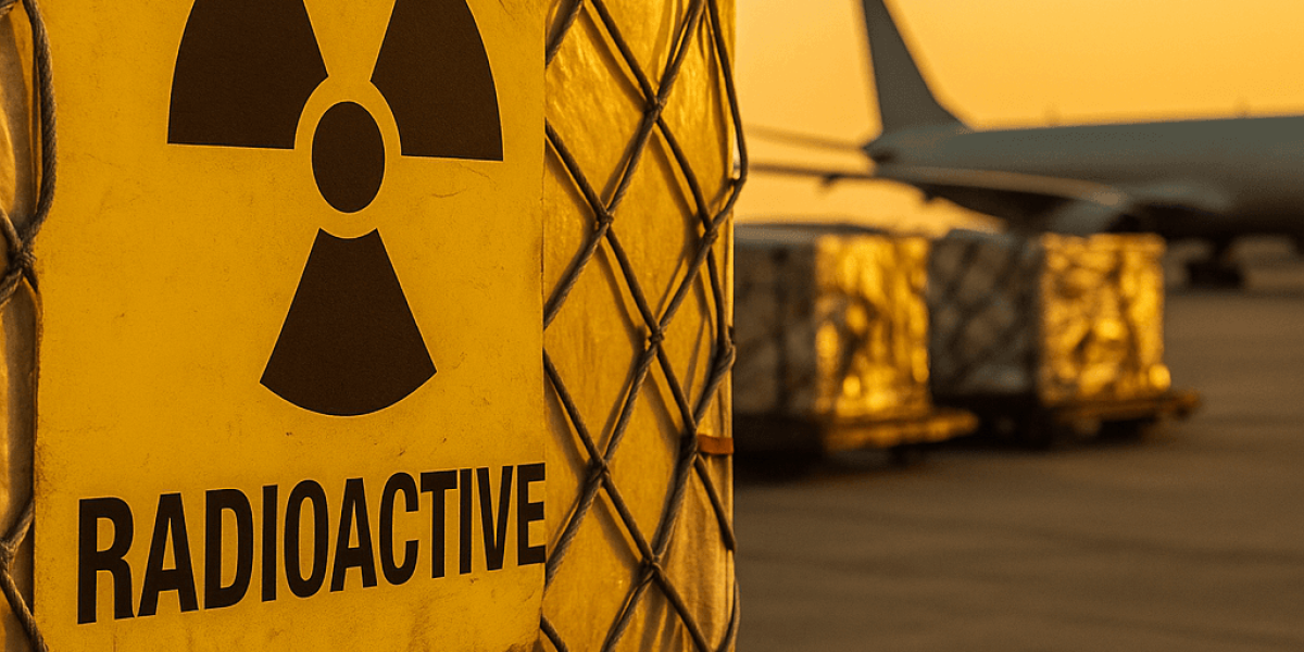 Radioactive cargo container on airport ramp at sunset.