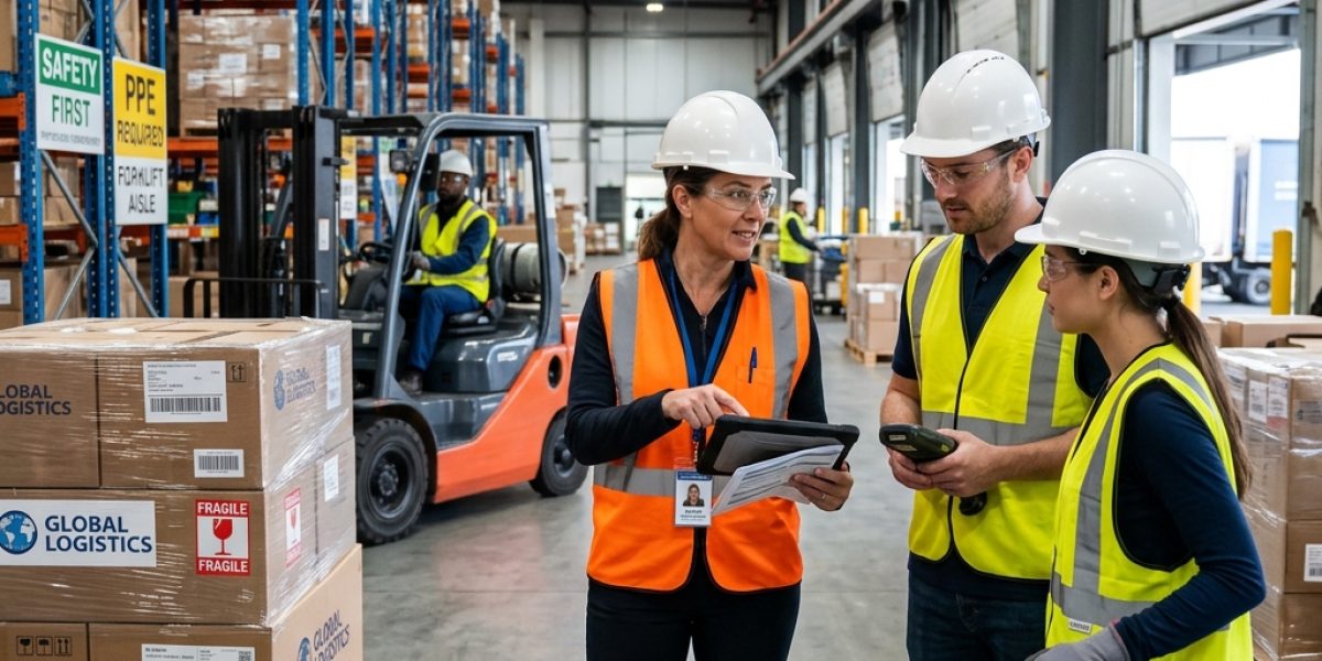 Safety supervisor reviewing workplace hazards and procedures with staff in an active warehouse environment with PPE and labelled packages visible.