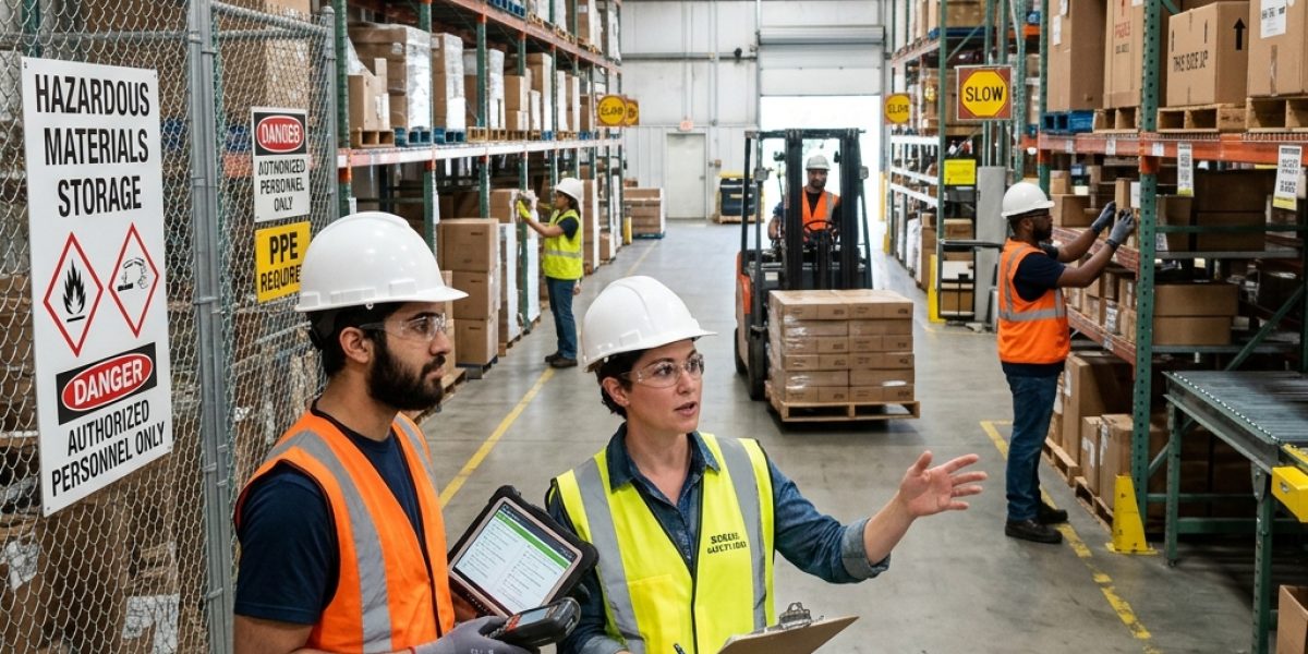 Warehouse safety supervisor reviewing hazards and handling procedures with staff in an active logistics environment with PPE and labelled packages visible.
